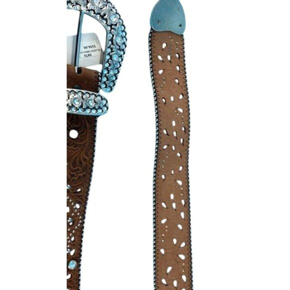Justin Western Style Leather Belt With Silver Rhinestone Buckle & Floral Cutouts - Picture 10 of 10